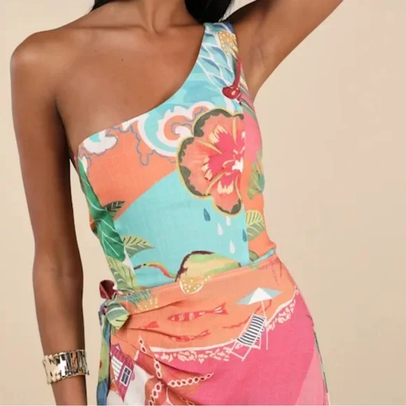 Lulus Hilinai Blue Multi Tropical Print Wrap Midi Dress - Picture 2 of 6